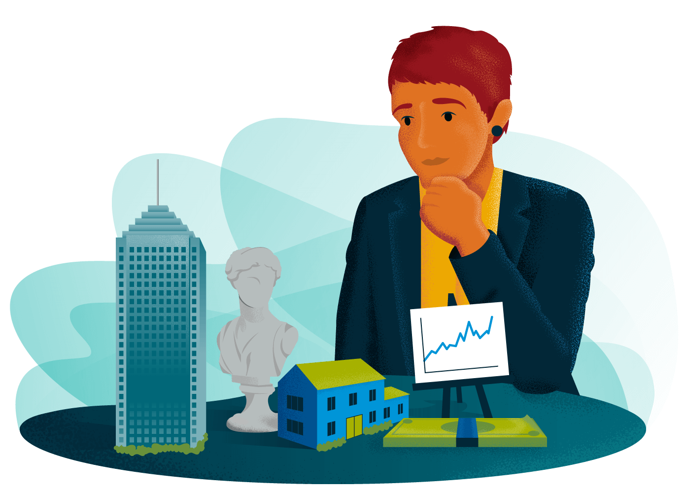 A charitable individual considers a chart, a house, a skyscraper, a stack of money, and a piece of art as she reviews her investment options.