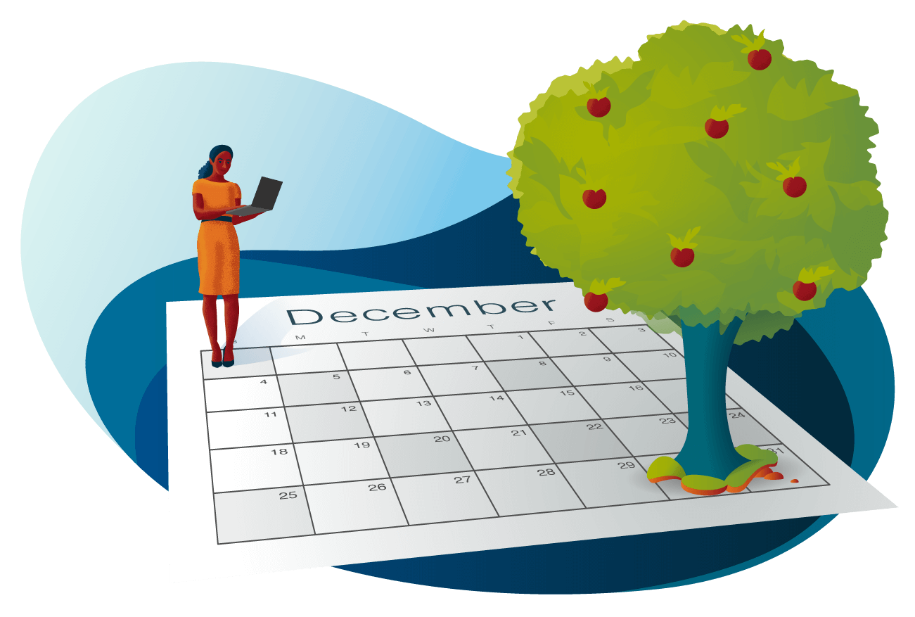 A woman holding a laptop stands atop a large calendar of the month of December, with an apple tree growing out of the dates at the end of the month. 