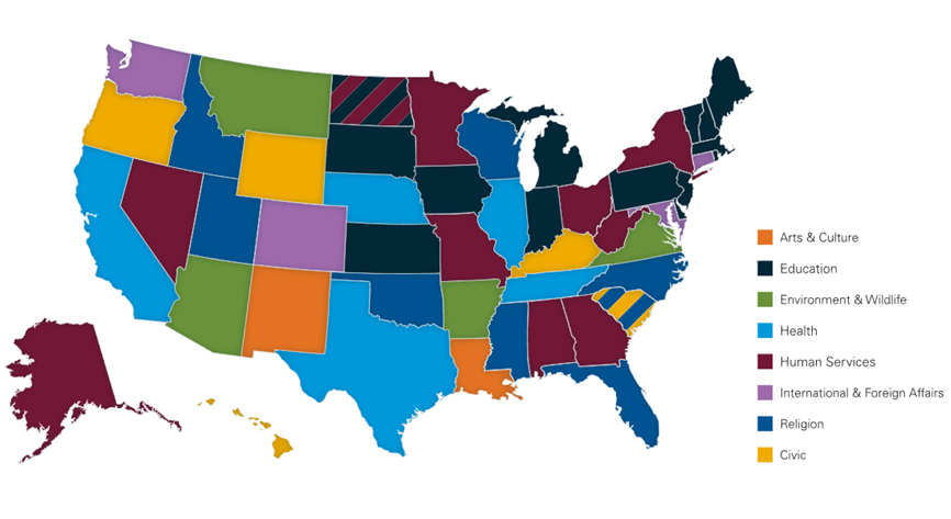 An image provided by Vanguard Charitable showing the cause area of the in-state charity that received the most Vanguard Charitable donor-recommended grants in 2023.
